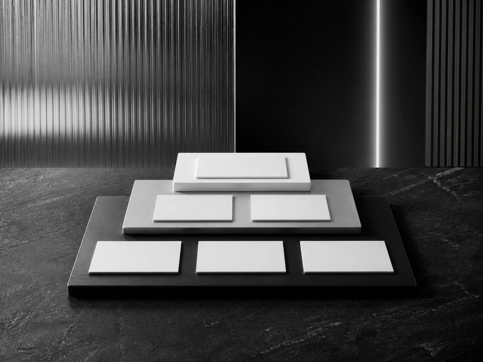 Placas geométricas vazias organizadas em níveis sobre mesa de pedra escura, em composição editorial preto e branco