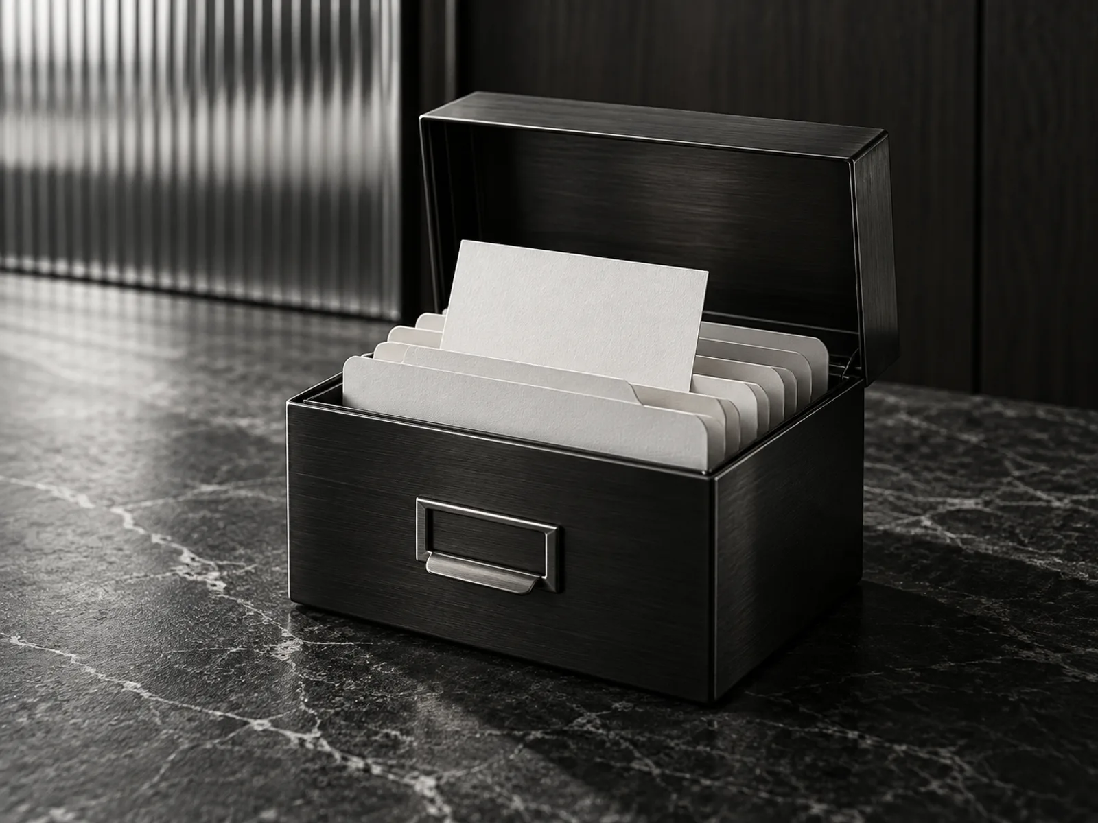 Caixa conceitual de metal preto aberta, com divisórias e uma ficha em branco destacada sobre uma mesa de pedra, em fotografia monocromática