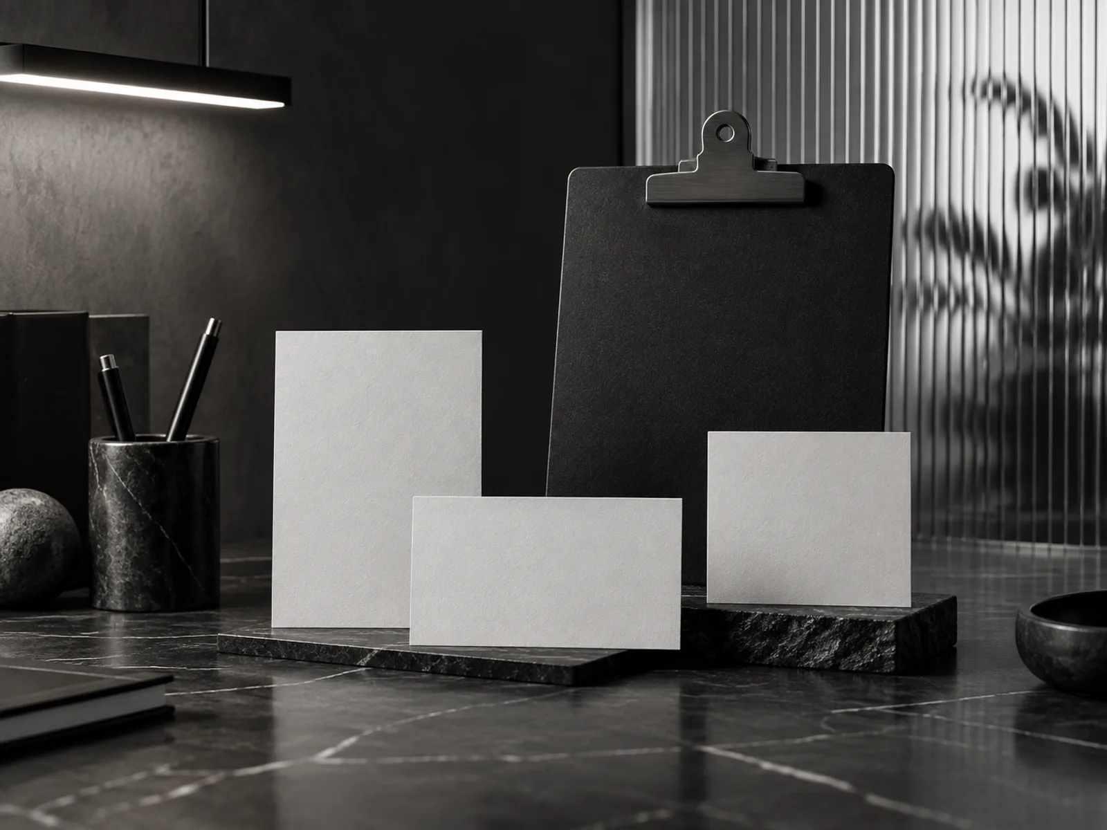 Prancheta preta e três cartões geométricos sem texto sobre mesa de pedra escura em composição editorial preto e branco