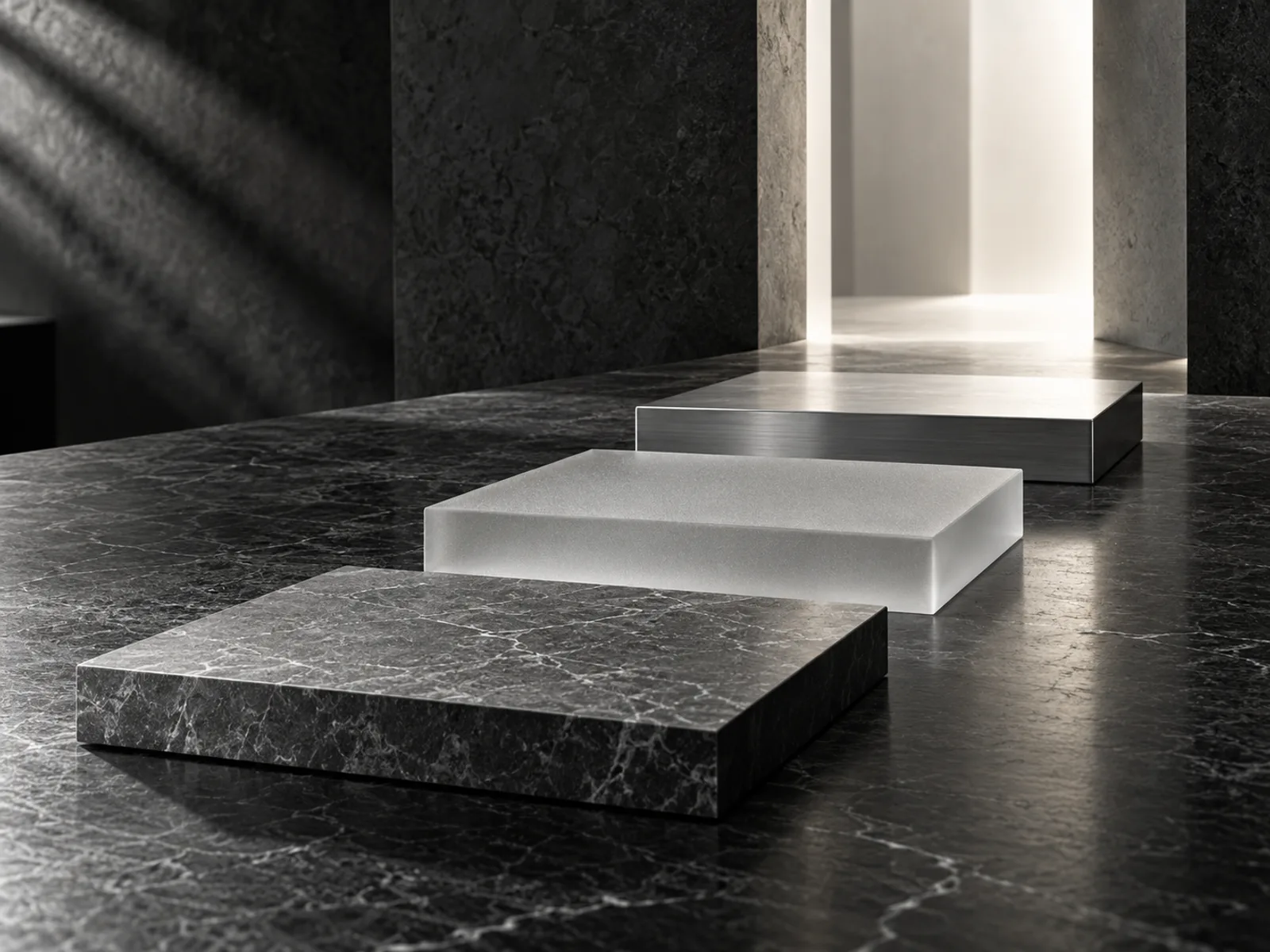 Três placas geométricas vazias sobre mesa de pedra escura conduzem a uma passagem iluminada em preto e branco