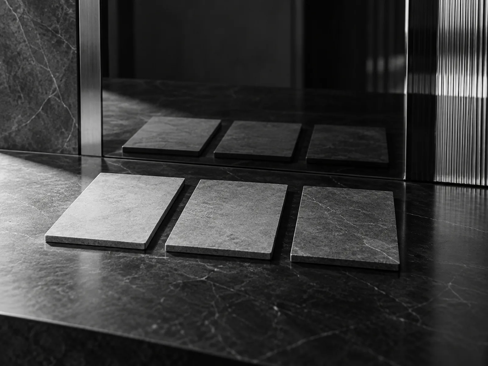 Placas retangulares vazias sobre mesa de pedra escura e reflexo alinhado em vidro, em composição editorial em preto e branco