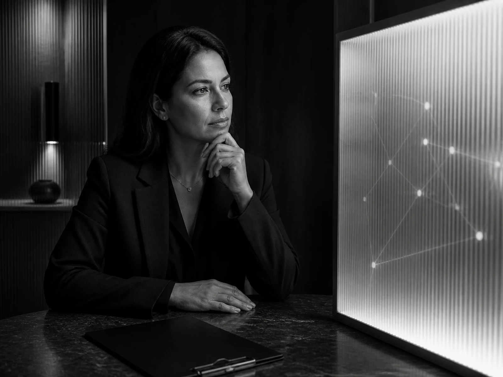 Médica em preto e branco observando uma superfície luminosa abstrata em uma sala de planejamento