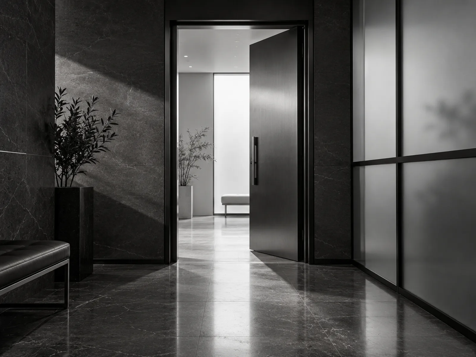 Entrada arquitetônica conceitual em preto e branco, com porta escura entreaberta e luz suave ao fundo