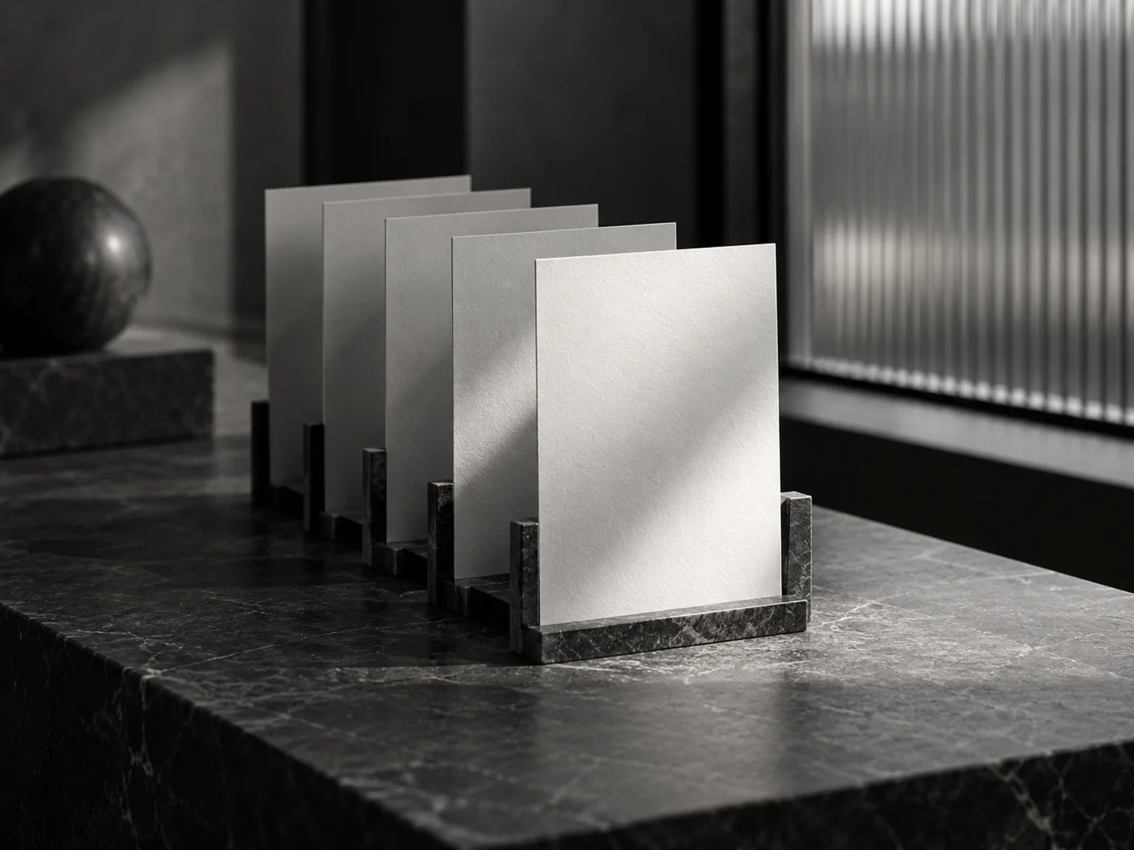 Painéis de papel em branco organizados em camadas sobre mesa de pedra escura, com luz lateral em preto e branco