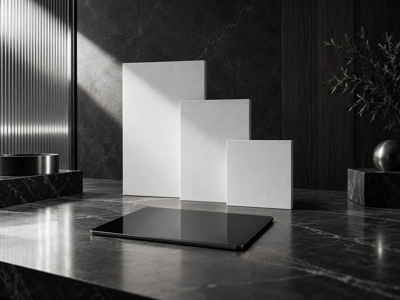 Três painéis geométricos vazios e um tablet apagado sobre mesa de pedra escura, em composição editorial preto e branco