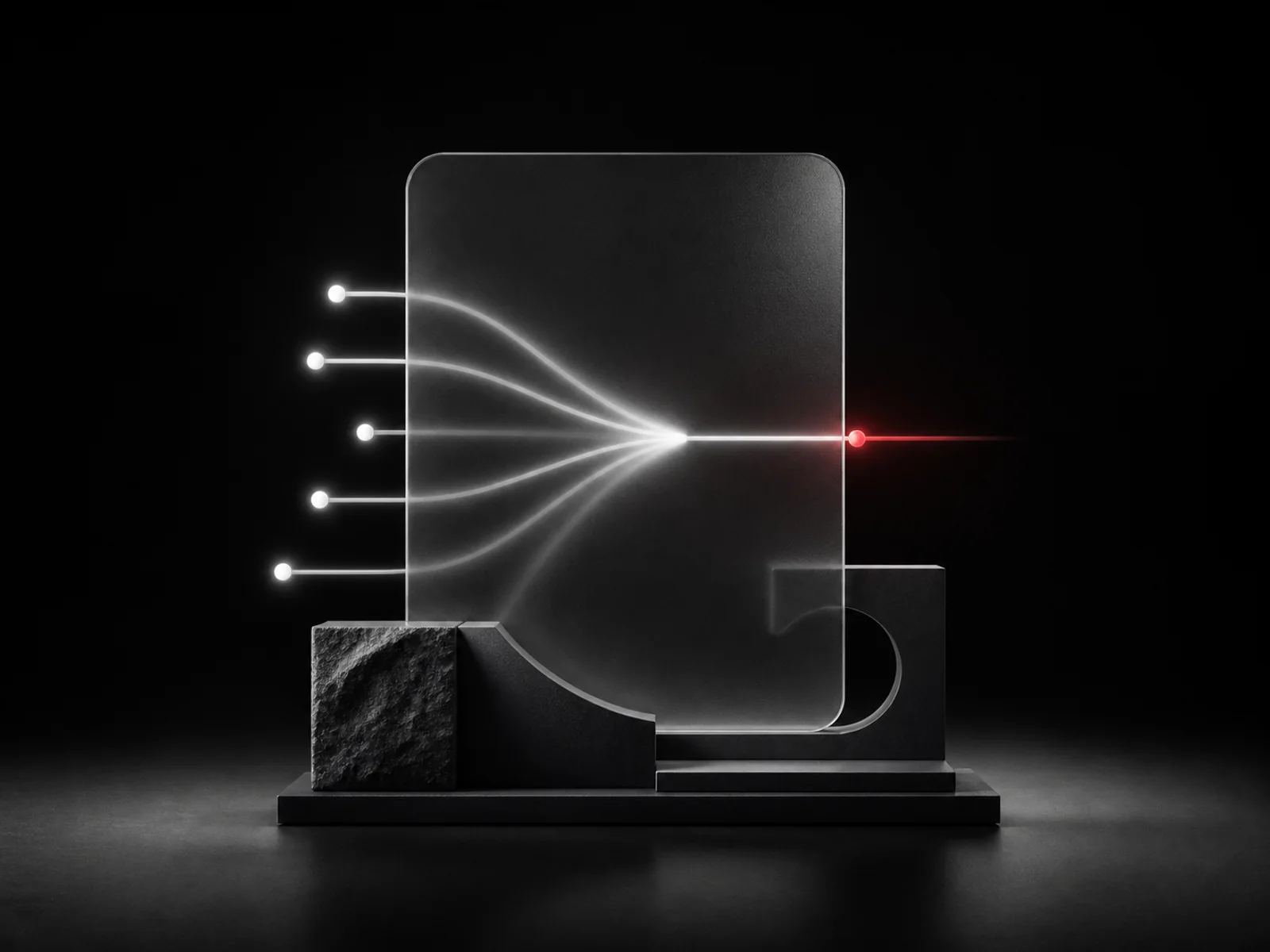 Composição editorial abstrata com pontos de luz convergindo através de um painel de vidro escuro